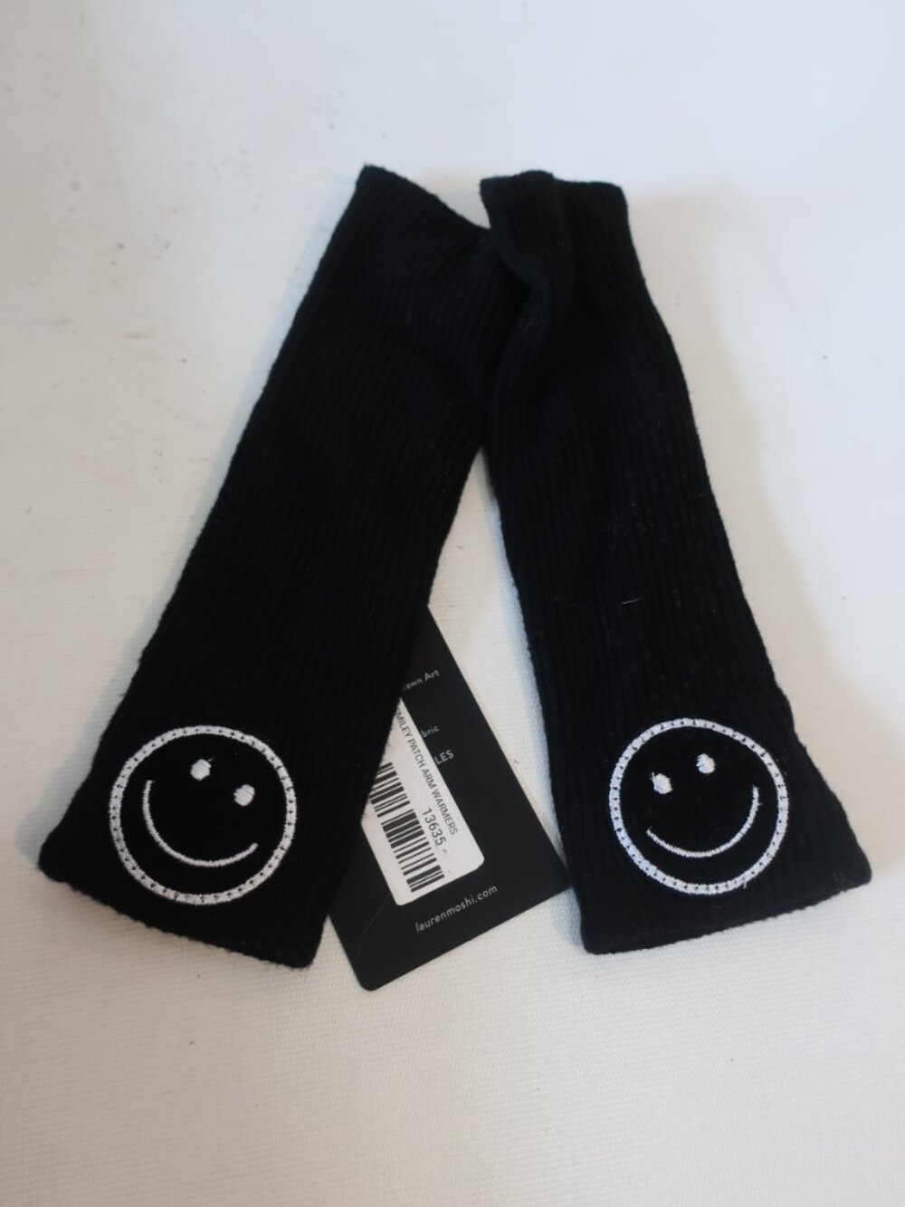 NWT Lauren Moshi Black Meliani Smiley Patch (Item-4) Ribbed Fingerless Gloves OS - Picture 2 of 5